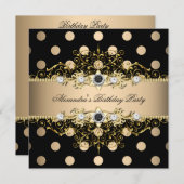 ベージュエレガントクリーム金ゴールドブラックポルカ誕生日 招待状 (正面/裏面)