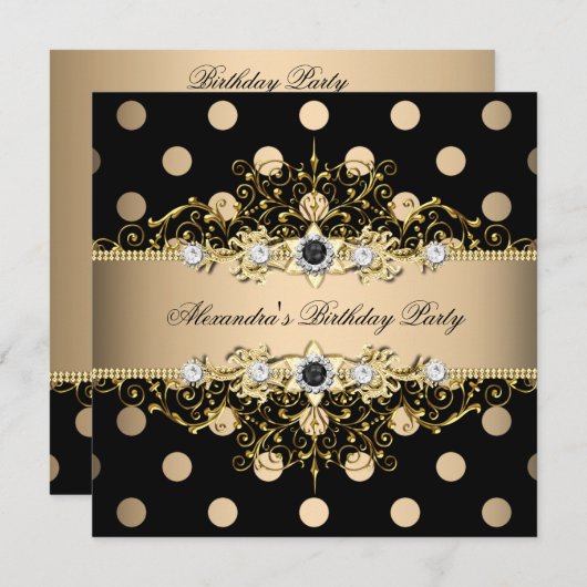 ベージュエレガントクリーム金ゴールドブラックポルカ誕生日 招待状 (正面/裏面)