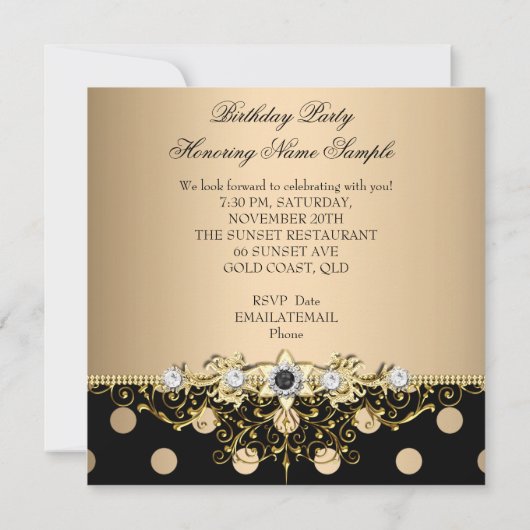 ベージュエレガントクリーム金ゴールドブラックポルカ誕生日 招待状 (裏面)