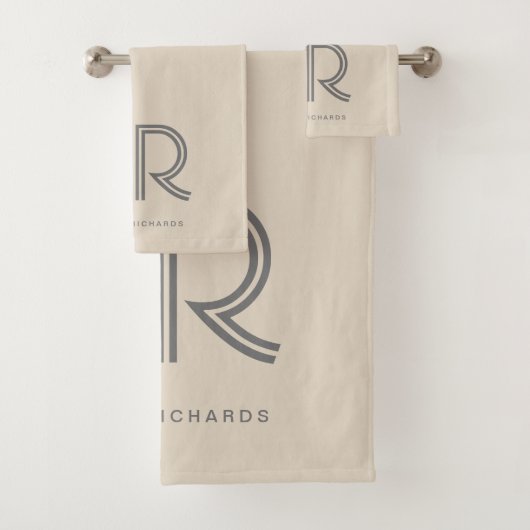 ベージュエレガントググレーモノグラム名 バスタオルセット (インサイチュ)