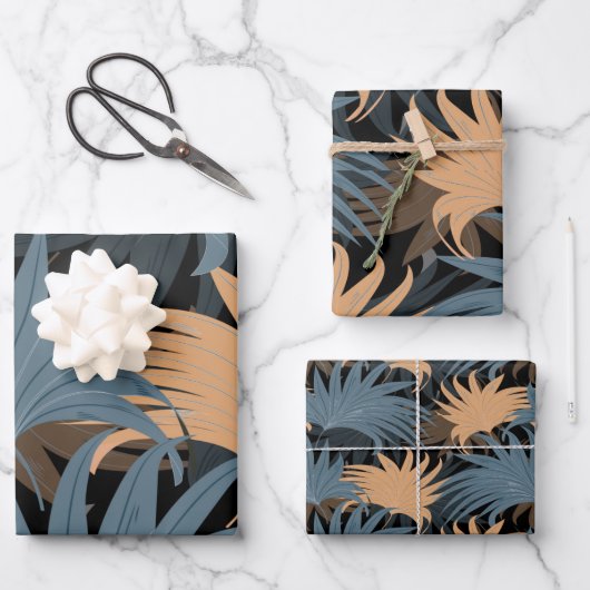 ベージュエレガントグレーパーム葉の葉のエキゾチック ラッピングペーパーシート (正面)