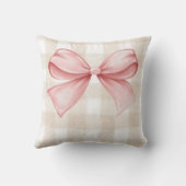 ベージュエレガントジンガム、ピンクの弓アクセントカスタム付 クッション (裏面)