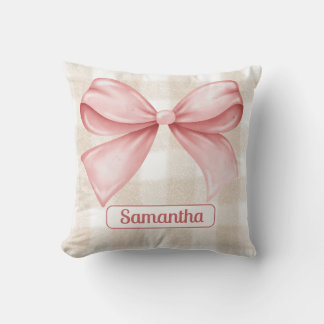 ベージュエレガントジンガム、ピンクの弓アクセントカスタム付 クッション