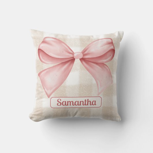 ベージュエレガントジンガム、ピンクの弓アクセントカスタム付 クッション (正面)