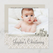 ベージュエレガントダマスクボーイズ写真《キリスト教》洗礼式や命名式 招待状 (正面/裏面)