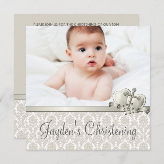ベージュエレガントダマスクボーイズ写真《キリスト教》洗礼式や命名式 招待状 (正面/裏面)