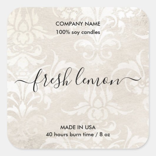 ベージュエレガントダマスク素朴ろうそく製品ラベル スクエアシール (正面)