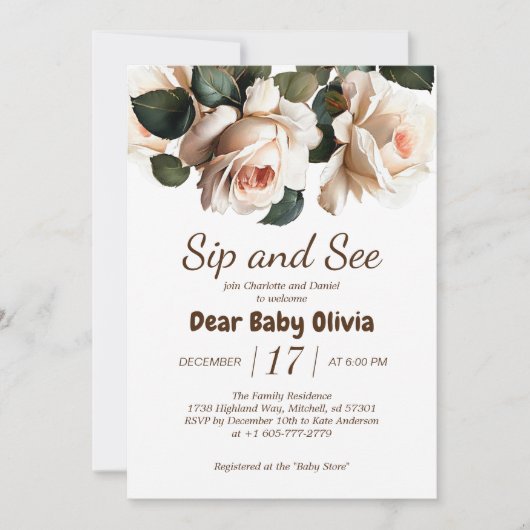 ベージュエレガントバラ園区とシーガールベビーシャワー 招待状 (正面)