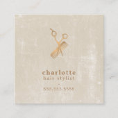 ベージュエレガントフェイク金ゴールドはさみ櫛ヘアスタイリスト スクエア名刺 (正面)