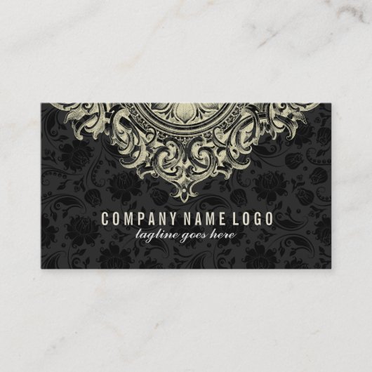 ベージュエレガントフローラオーナメント黒の背景 名刺 (正面)