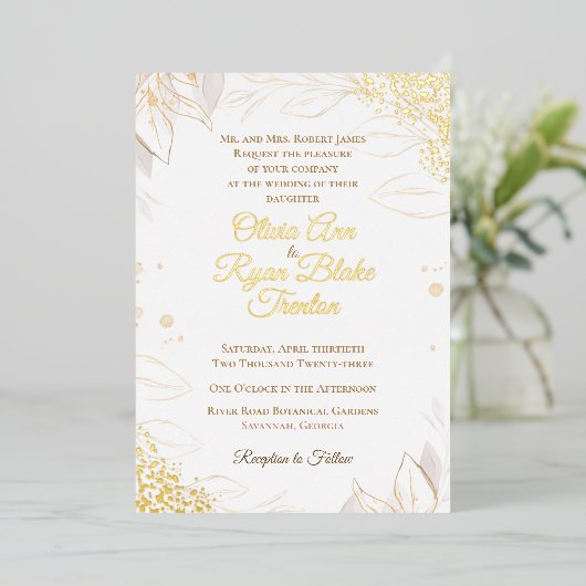 ベージュエレガントフローラフォイル結婚式招待状 箔招待状 (立ち正面)