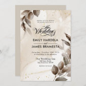 ベージュエレガントフローラ金ゴールドウォーター結婚カラー 招待状 (正面/裏面)