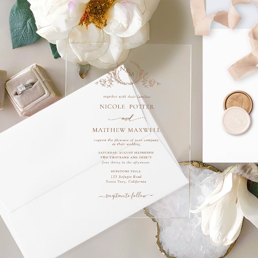 ベージュエレガントブラウンクラウン王室のリースモノグラム アクリル招待状