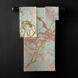 ベージュエレガント大理石 | Mint Sage Greenバラ金ゴールド バスタオルセット