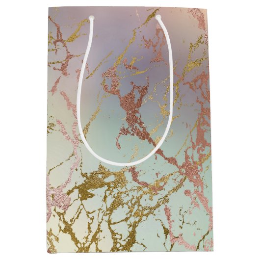 ベージュエレガント大理石 | Mint Sage Greenバラ金ゴールド ミディアムペーパーバッグ (正面)