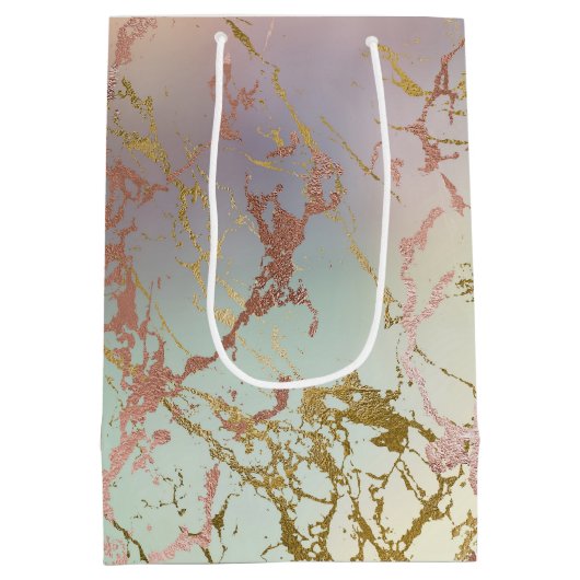 ベージュエレガント大理石 | Mint Sage Greenバラ金ゴールド ミディアムペーパーバッグ (裏面)