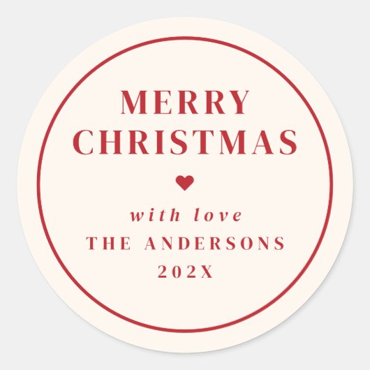 ベージュエレガント&レッドタイポグラフィメリークリスマス ラウンドシール (正面)