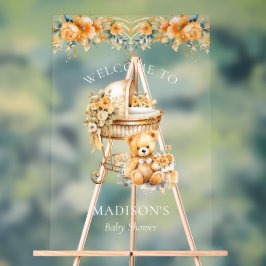 ベージュエレガント&金ゴールドベビーシャワー歓迎サイン アクリルサイン