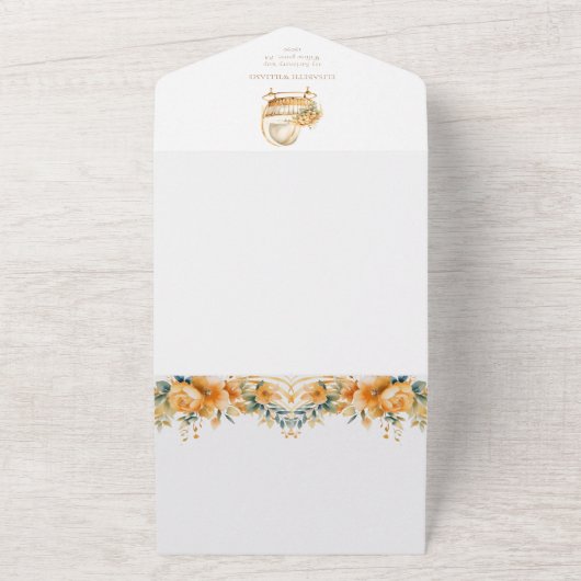 ベージュエレガント&金ゴールドベビー用の赤ちゃんシャワーブック オールインワン招待状 (外側)