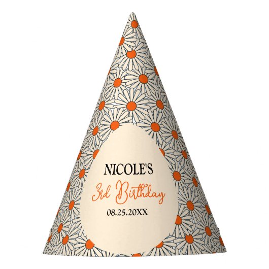 ベージュオレンジデイジーフローラアーチ誕生日 パーティーハット (正面)