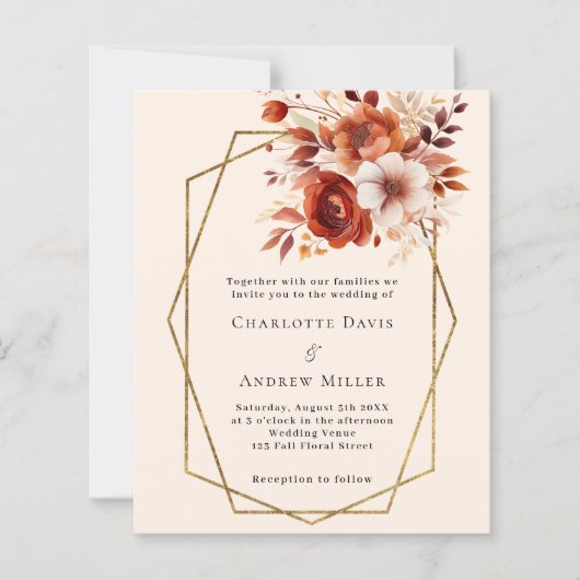 ベージュオレンジ花模様幾何学的結婚式招待状 (正面)