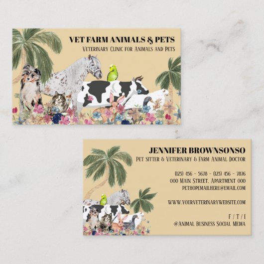 ベージュカウシープドッグキャットバードラビットアヒルのヤシ 名刺 (正面/裏面)