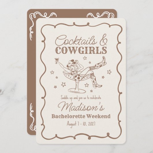 ベージュカクテルと女性のカーボーイNash Bashバチェロレッテ 招待状 (正面/裏面)