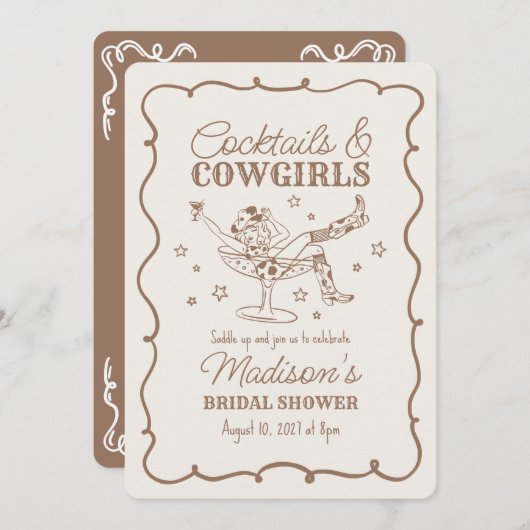 ベージュカクテルアンド女性のカーボーイナッシュビルブライダルシャワー 招待状 (正面/裏面)