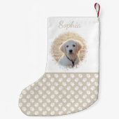 ベージュカスタムと白い前足のペット写真テンプレート スモールクリスマスストッキング (裏面)