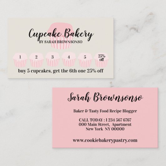 ベージュカップケーキベーカリーカフェロイヤリティパンチディスカウント 名刺 (正面/裏面)