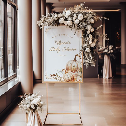 ベージュカボチャと花ベビーシャワー歓迎サイン ポスター