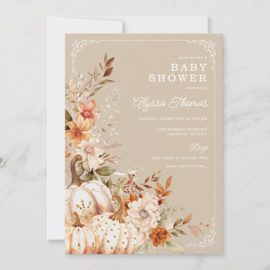 ベージュカボチャ男女兼用の赤ちゃんシャワー 招待状 (正面)