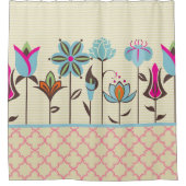 ベージュカラフルの花の上ストライプに シャワーカーテン (正面)