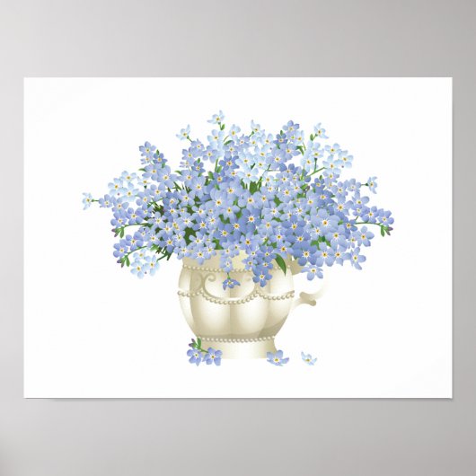 ベージュカラーの花瓶で咲く紫色の花 ポスター (正面)