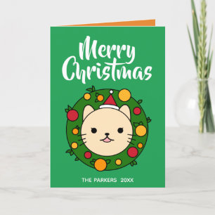 ベージュキャットリース グリーンメリークリスマスフォト シーズンカード
