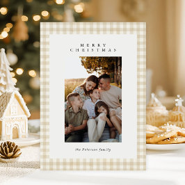 ベージュギンガムプレイドフォトメリークリスマスホリデー シーズンカード