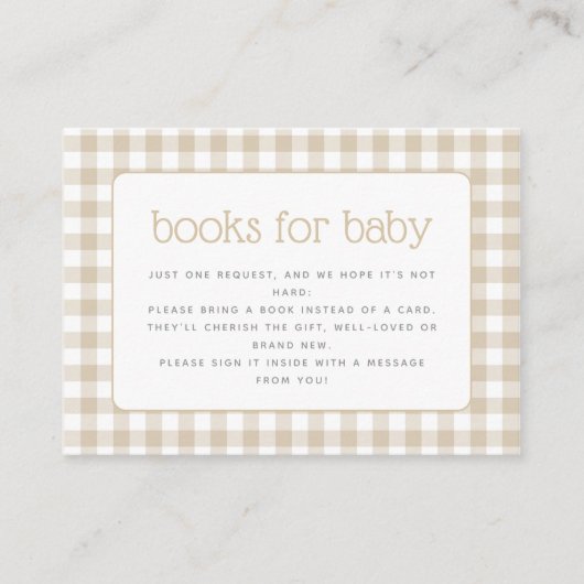 ベージュギンガム赤ちゃんシャワーブックリクエスト エンクロージャーカード (正面)