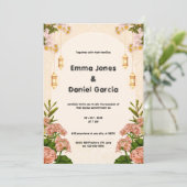 ベージュクリームとピンクの結婚式招待状 招待状 (スタンド正面)