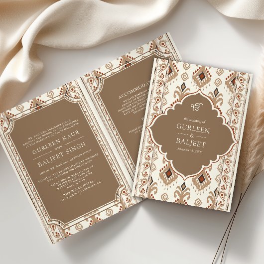 ベージュクリームイカットオールインワンシーク結婚ズ 招待状