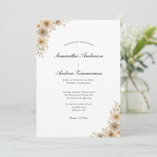 ベージュクリームグレーニュートラルフローラエレガントな結婚式 招待状 (スタンド正面)