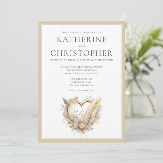 ベージュクリームグレーフェザーハートボホ結婚ズ 招待状 (スタンド正面)