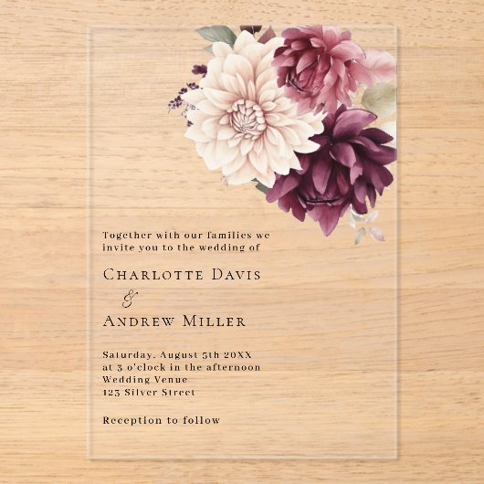 ベージュクリームバーガンディ澄ん花模様結婚ズ アクリル招待状 (正面)