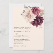 ベージュクリームバーガンディ結婚花模様 招待状 (正面)