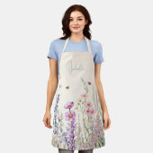 ベージュクリームピンクパープルワイルドフラワー名 エプロン (着用した状態)