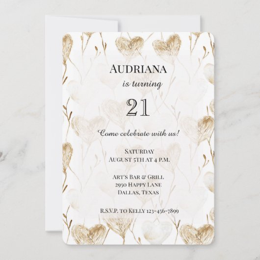 ベージュクリームブラウンホワイトハートボホ誕生日 招待状 (正面)