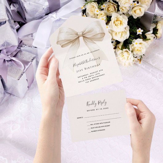 ベージュクリームボウ誕生日パーティーrsvp オールインワン招待状