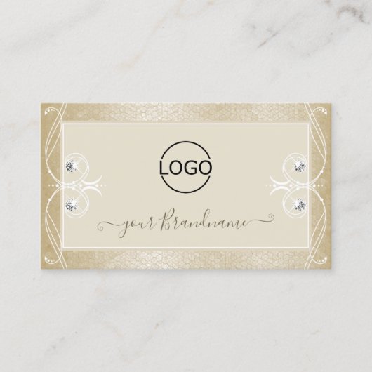 ベージュクリームモザイク華美スパークルジュエリーとロゴ 名刺 (正面)