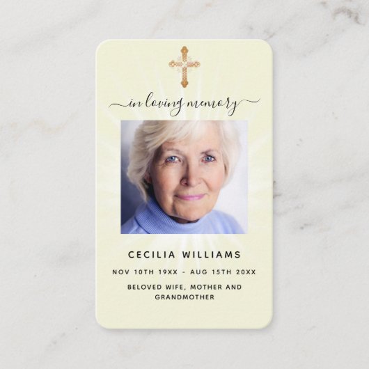ベージュクリームライトフォトクロス葬儀祈りの言葉カード 名刺 (正面)