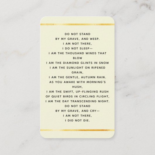 ベージュクリームライトフォトクロス葬儀祈りの言葉カード 名刺 (裏面)