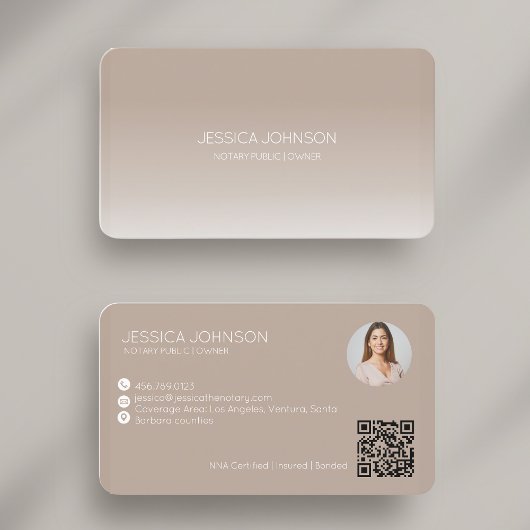 ベージュグラデーションミニマモダンリストQR公証人写真 名刺